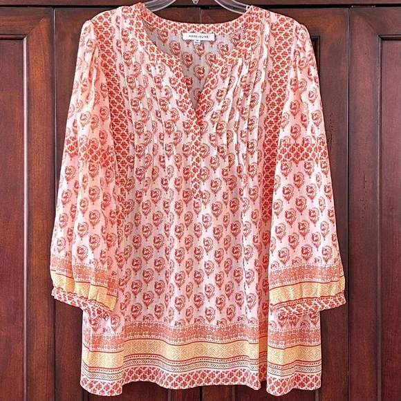 Rose + Olive Womens Orange White Paisley Pintuck Boho Tunic Blouse Top Size 1X - Picture 13 of 13